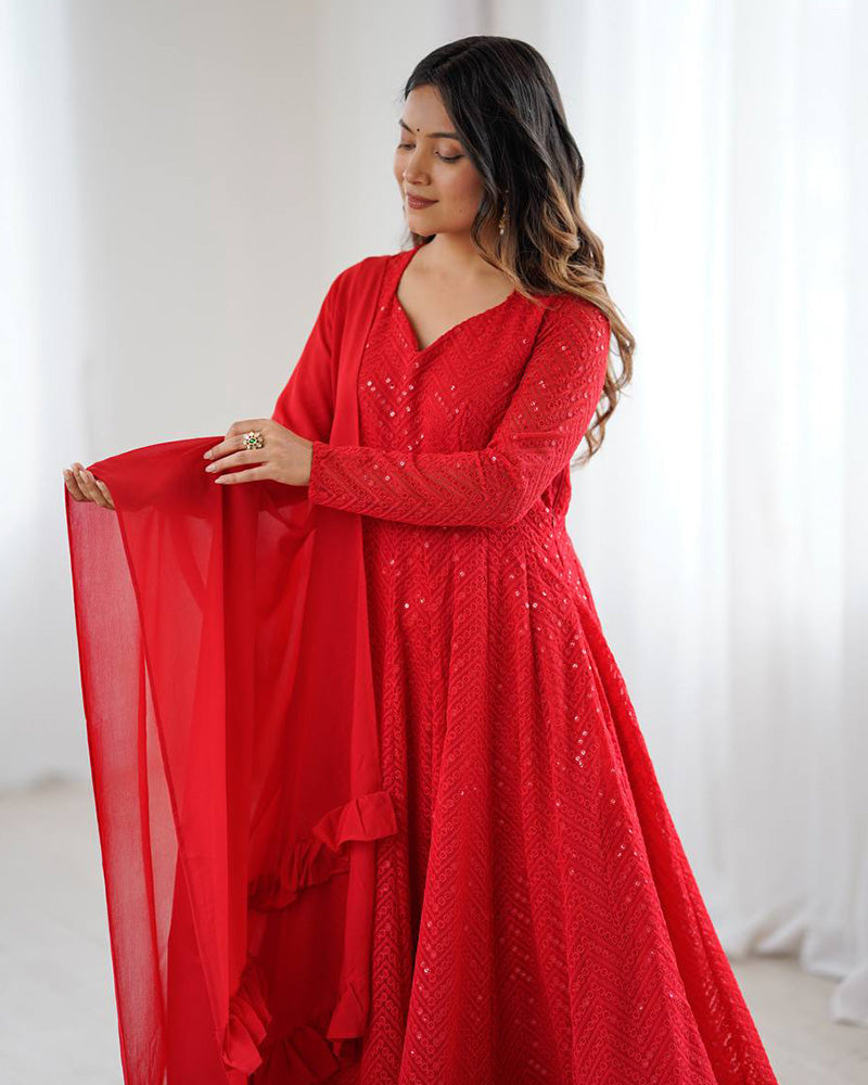 Womenline Designer Red Color Georgette Lucknowi Three Piece Anarkali Suit