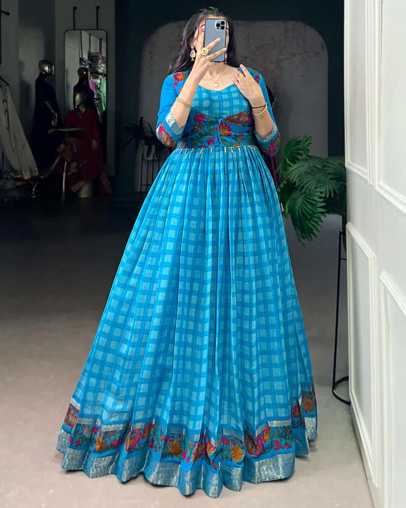 Womenline Sky Blue Color Viscose Chanderi Printed Gown