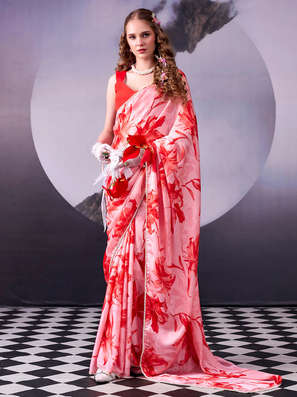 Womenline Stuning Red Color Floral Print Satin Silk Saree