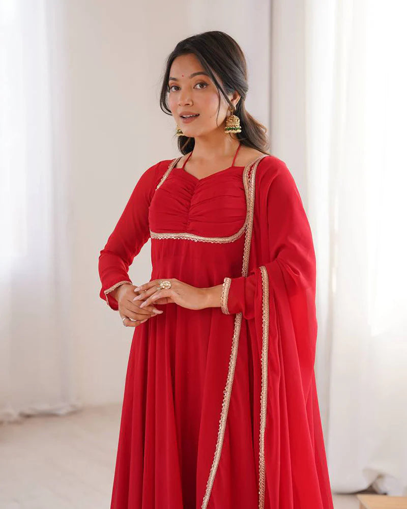 Womenline Red Color Pure Blooming Georgette Anarkali Gown