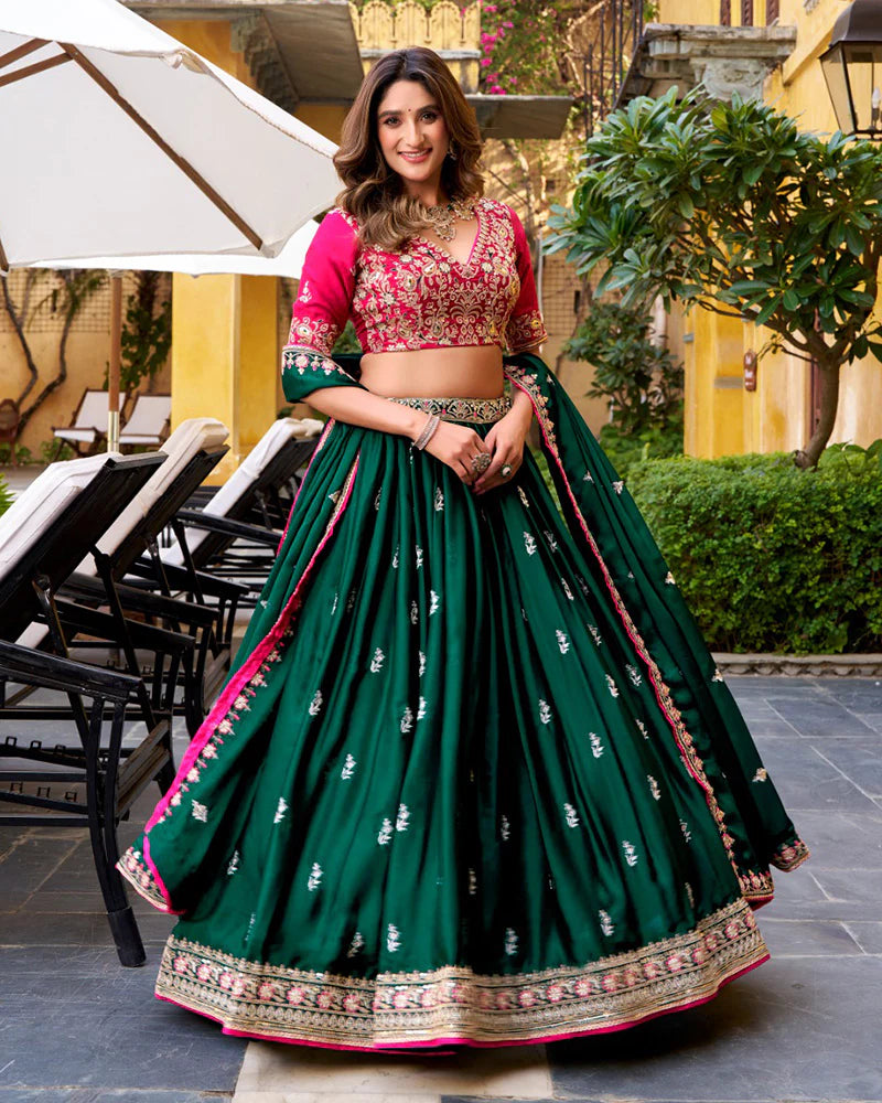 Womenline Green Color Satin Silk Embroidered Lehenga Choli