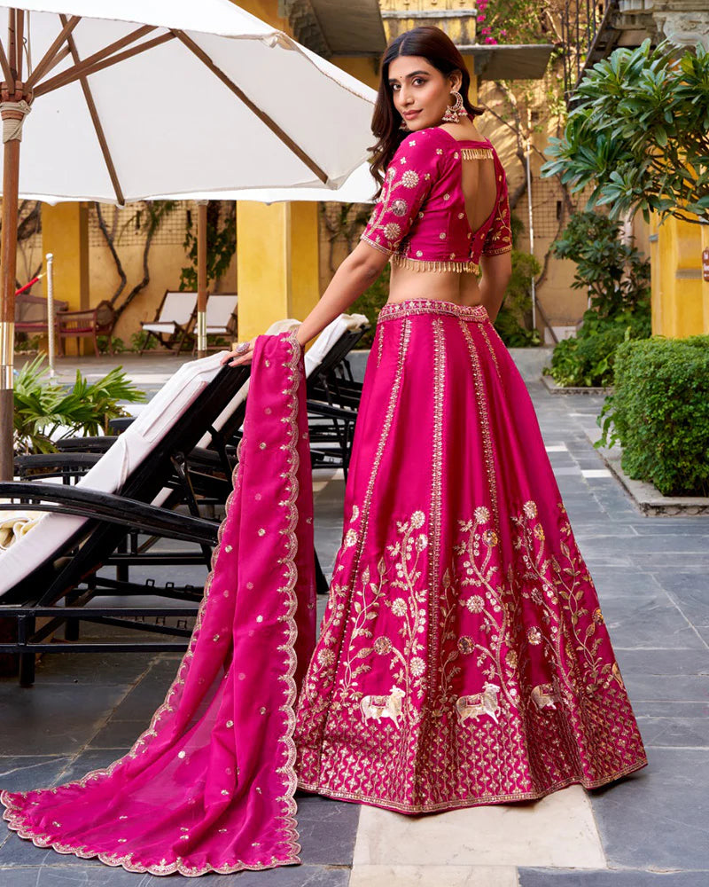 Womenline Rani Pink Color Natural Silk Embroidered Lehenga Choli