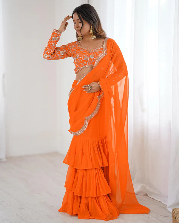 Womenline Orange Color Faux Georgette Ruffle Lehenga Saree