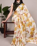 Womenline Yellow Color Satin Silk Floral Printed Saree
