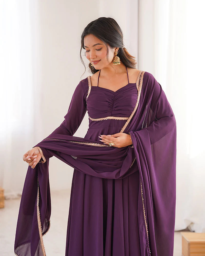 Womenline Wine Color Pure Blooming Georgette Anarkali Gown