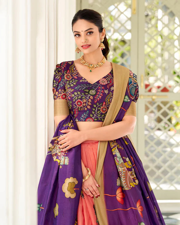 Womenline Peach Color Dola Silk Designer Kalamkari Print Half Saree