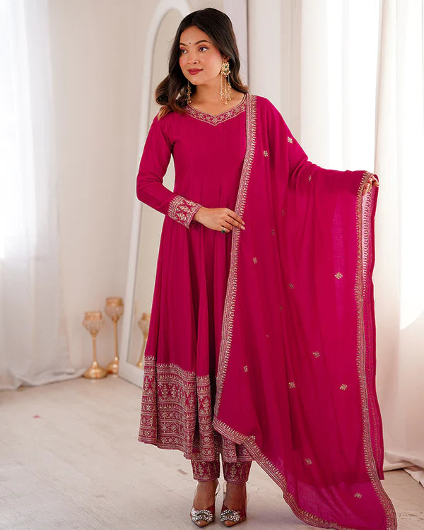Womenline Rani Pink Color Blooming Vichitra Silk Anarkali Suit