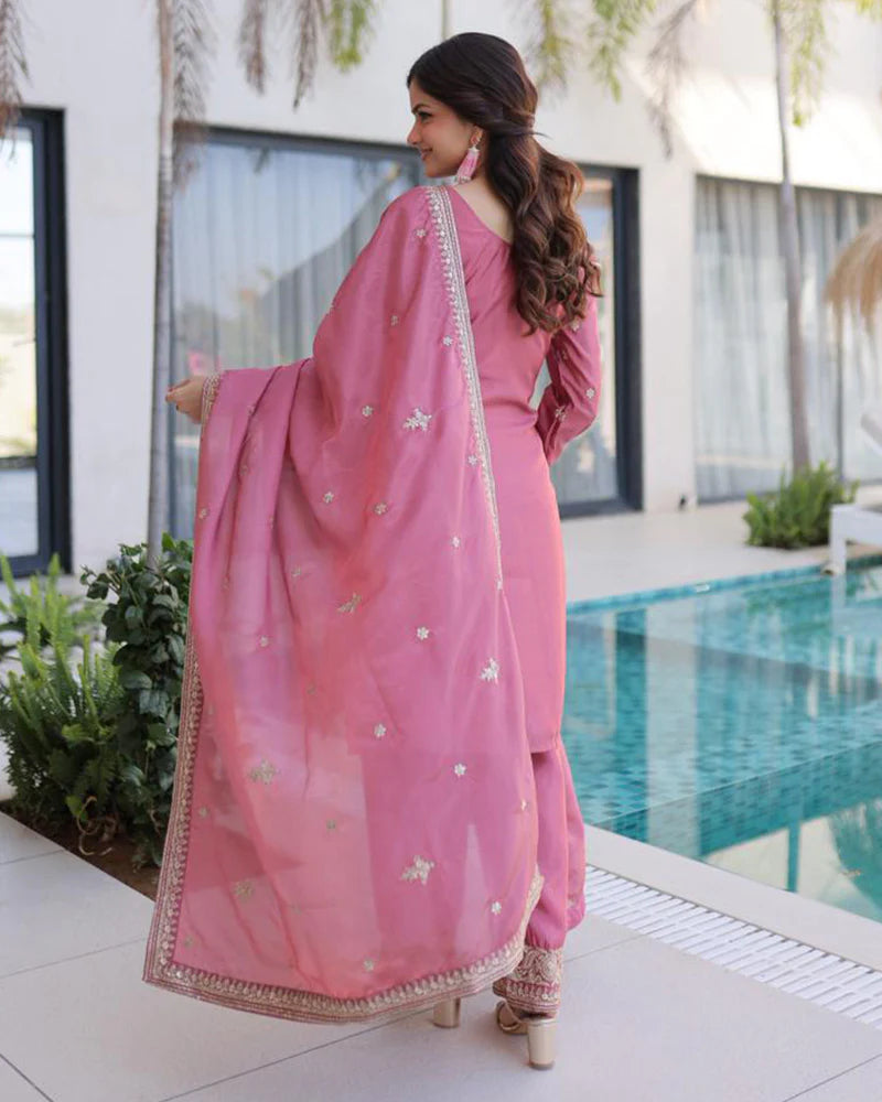 Womenline Pink Color Ho Silk Embroidered Kurti Suit