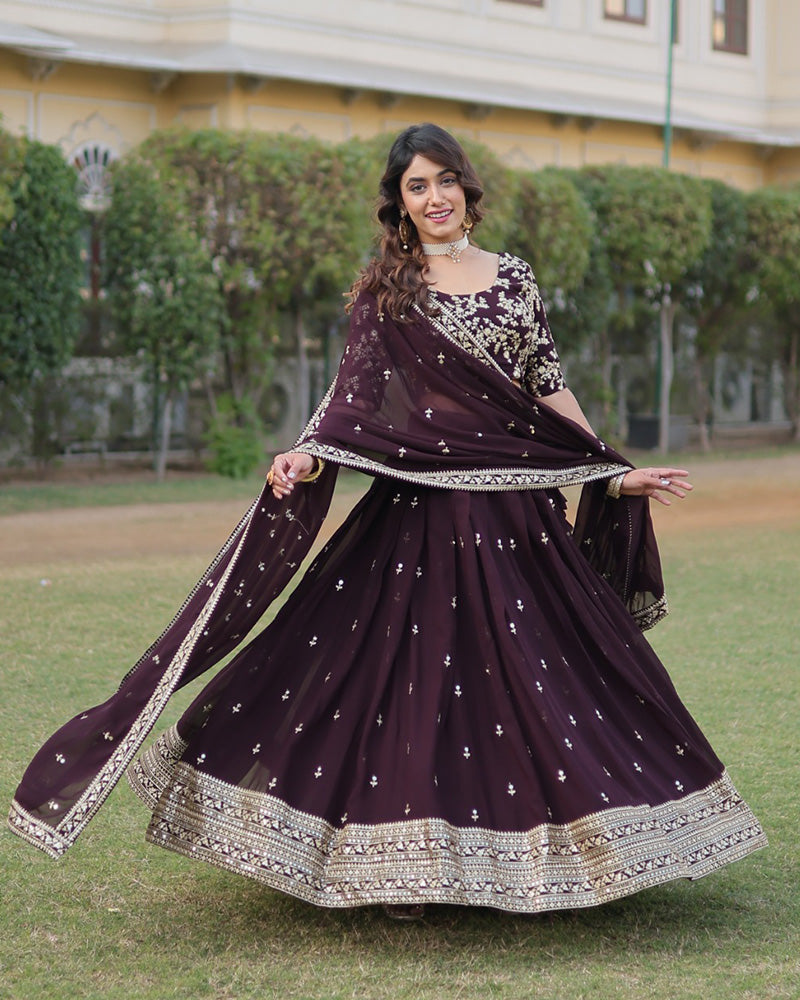 Womenline Wedding Wear Dark Wine Color Designer Blooming Lehenga Choli