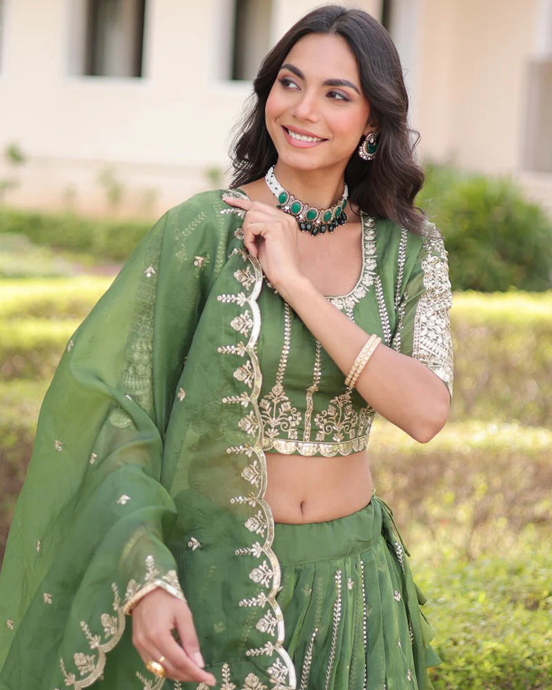 Womenline Mehndi Green Color Gold Crush Embroidered Lehenga Choli