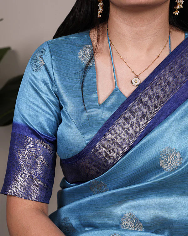 Womenline Sky Blue Color Rumali Silk Zari Weaving Saree