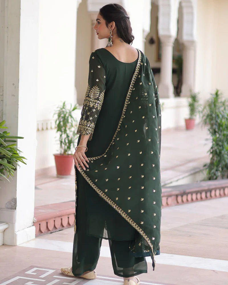 Womenline Mehndi Color Georgette Embroidered Three Piece Kurti Suit