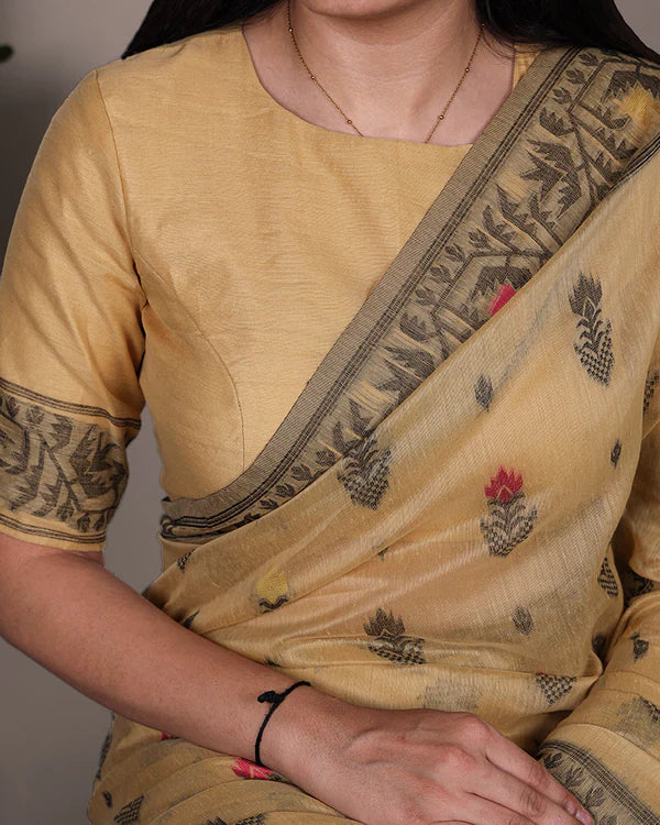 Womenline Yellow Color Thread Weaving Poly Cotton Saree