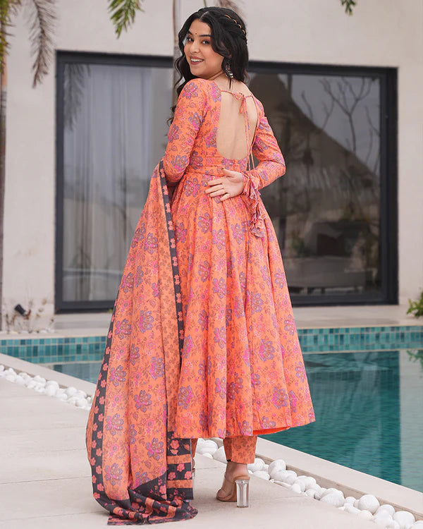 Womenline Orange Color Printed Soft Cotton Three Piece Anarkali Suit