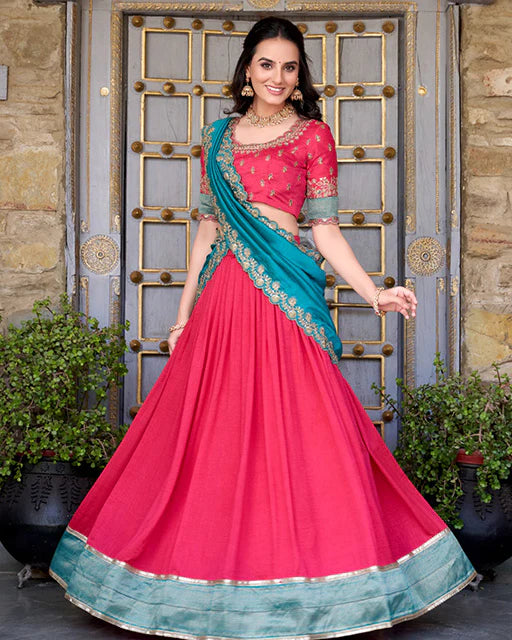 Womenline Pink Color Vichitra Silk Sequins Half Saree