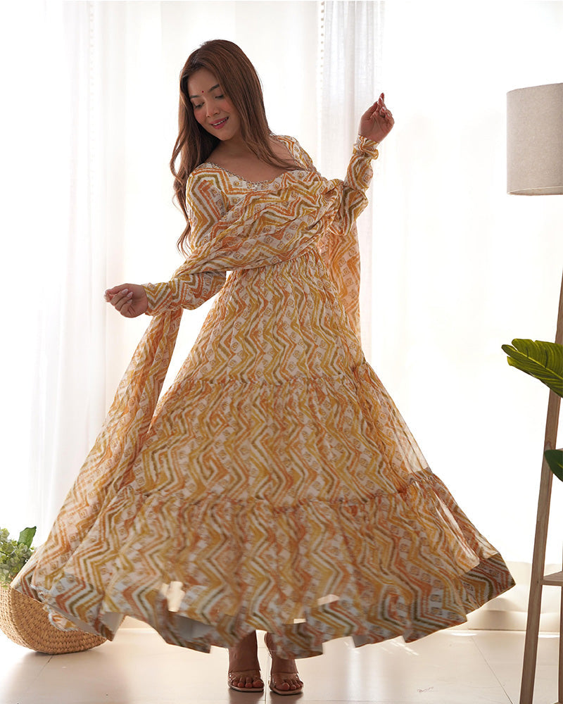Womenline Off-White Color Soft Georgette Three Layer Ruffle Style Anarkali Suit