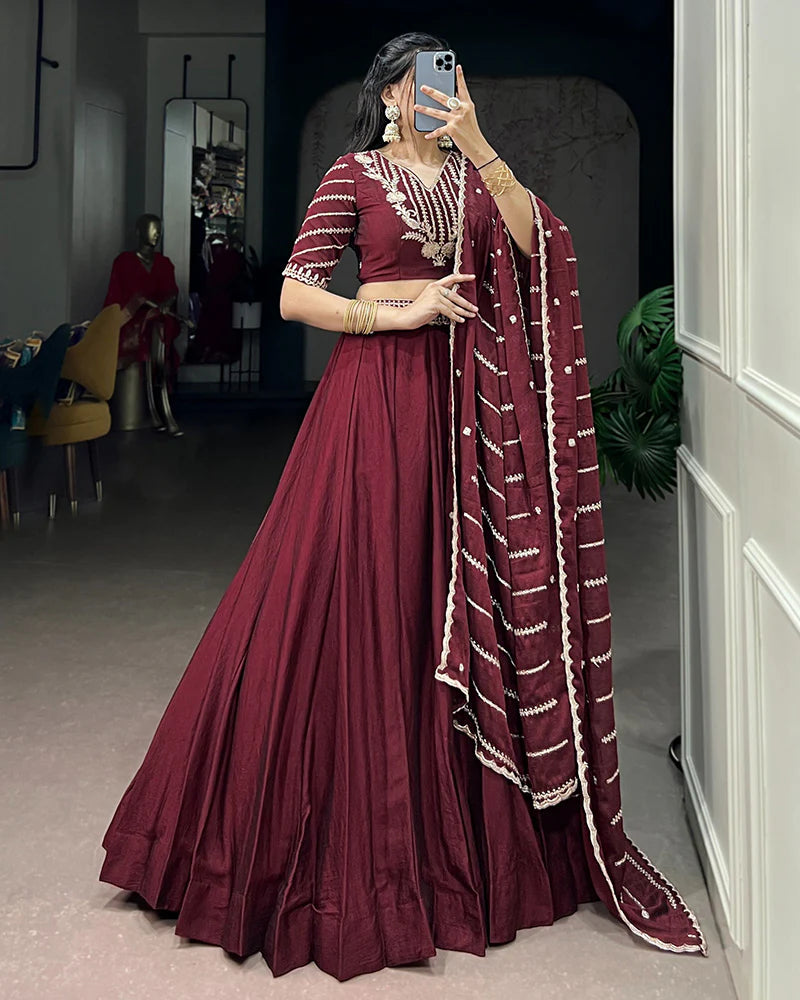 Womenline Maroon Color Rangoli Crush Embroidered Lehenga Choli