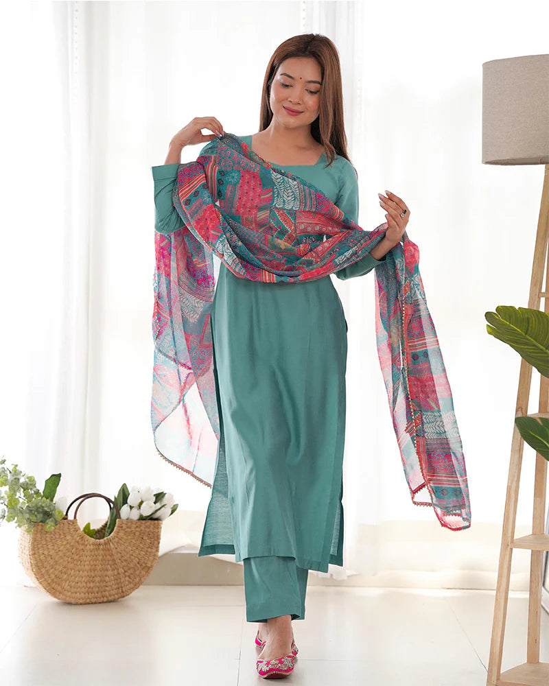 Womenline Sea Green Color Viscose Ready To wear Three Piece Kurti Suit