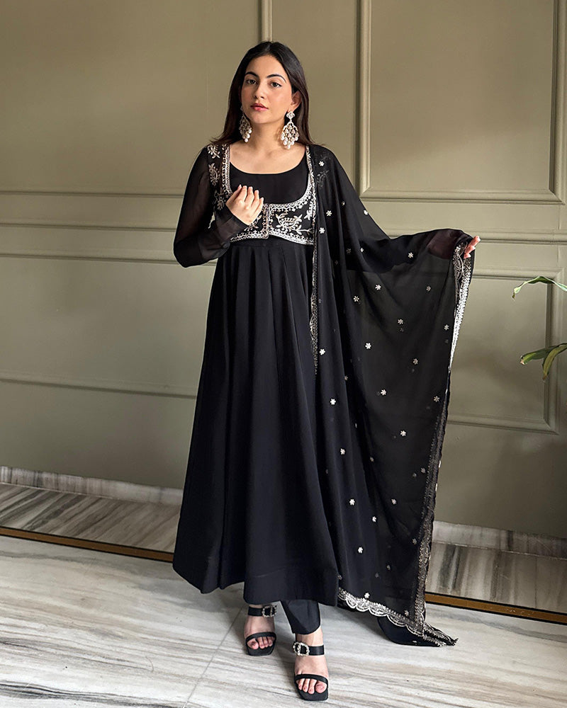 Womenline Black Color Faux Georgette Embroidered Anarkali Suit