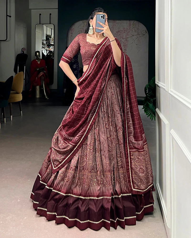Womenline Maroon Color Tasar Silk Kalamkari Printed Lehenga Choli