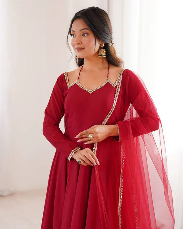 Womenline Maroon Color Chanderi Roman Silk Three Piece Anarkali Suit