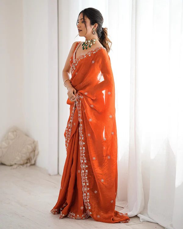 Womenline Rust Orange Color Fendi Silk Embroidered Saree