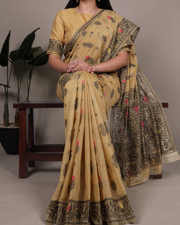 Womenline Yellow Color Thread Weaving Poly Cotton Saree