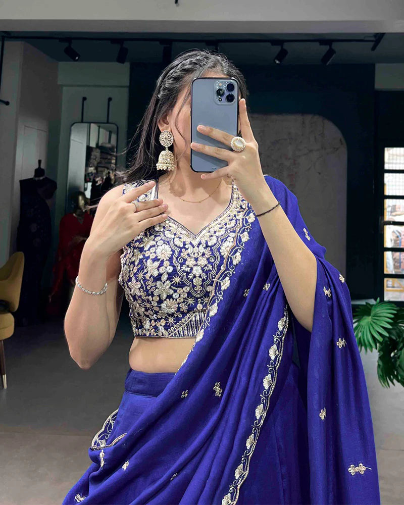 Womenline Royal Blue Color P.C. Kashmiri Embroidered Lehenga Choli