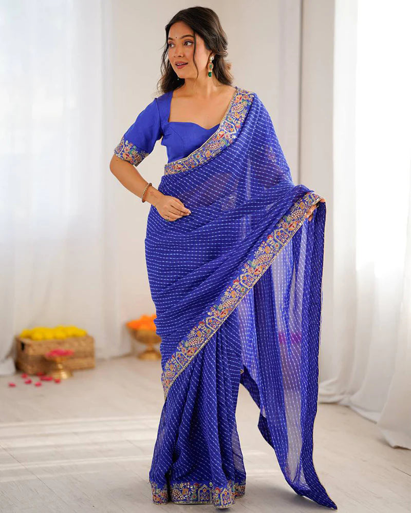 Womenline Blue Color Faux Georgette Bandhej Print Saree