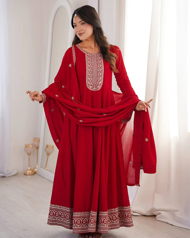 Womenline Dark Red Color Vichitra Silk Embroidered Gown