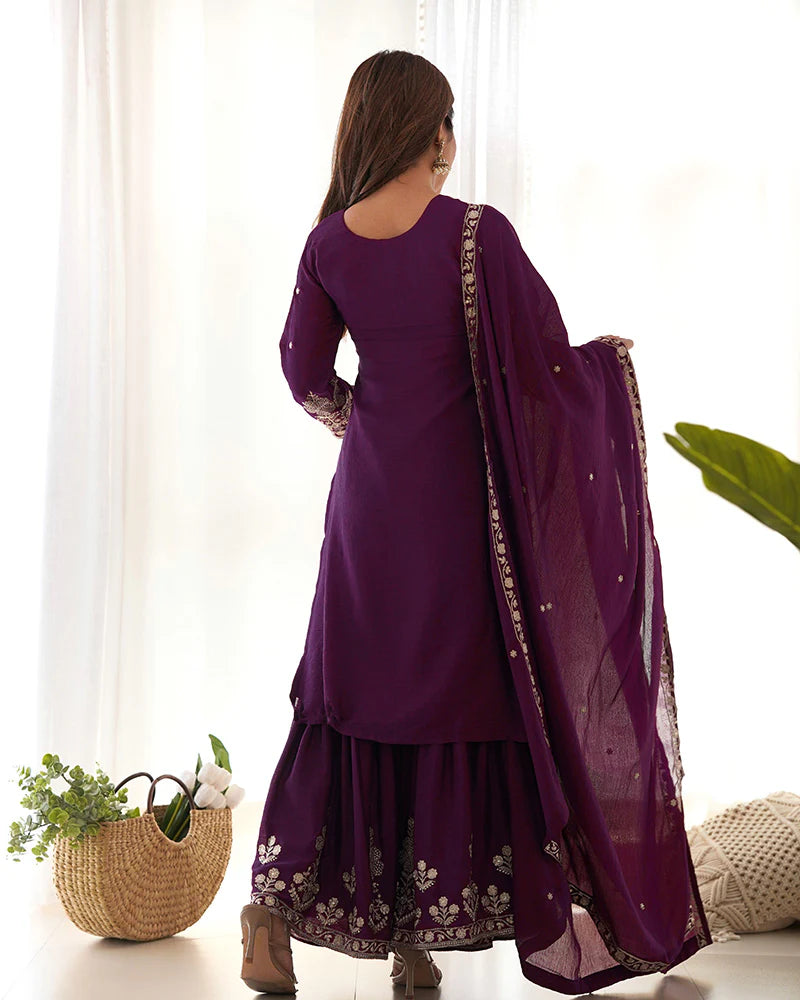 Womenline Wine Color Pure Chinon Silk Embroidered Plazzo Suit
