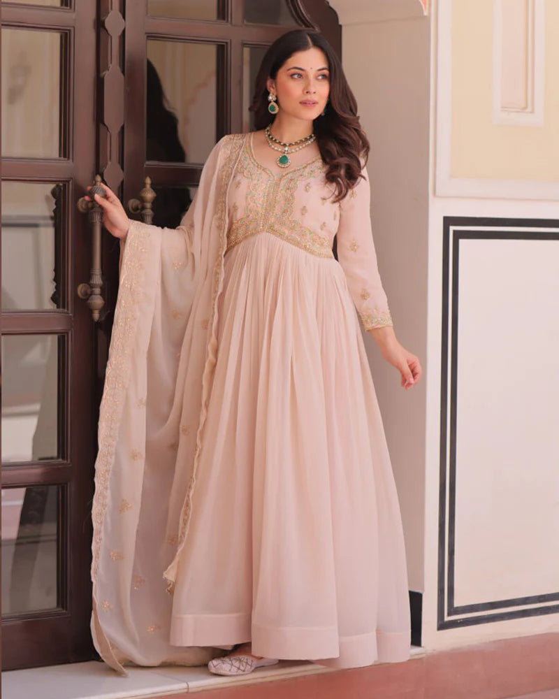 Womenline Cream Color Star Georgette Embroidered Gown
