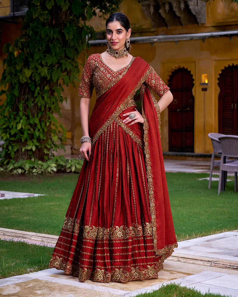 Womenline Rust Orange Color Rangoli Crush Embroidered Lehenga Choli