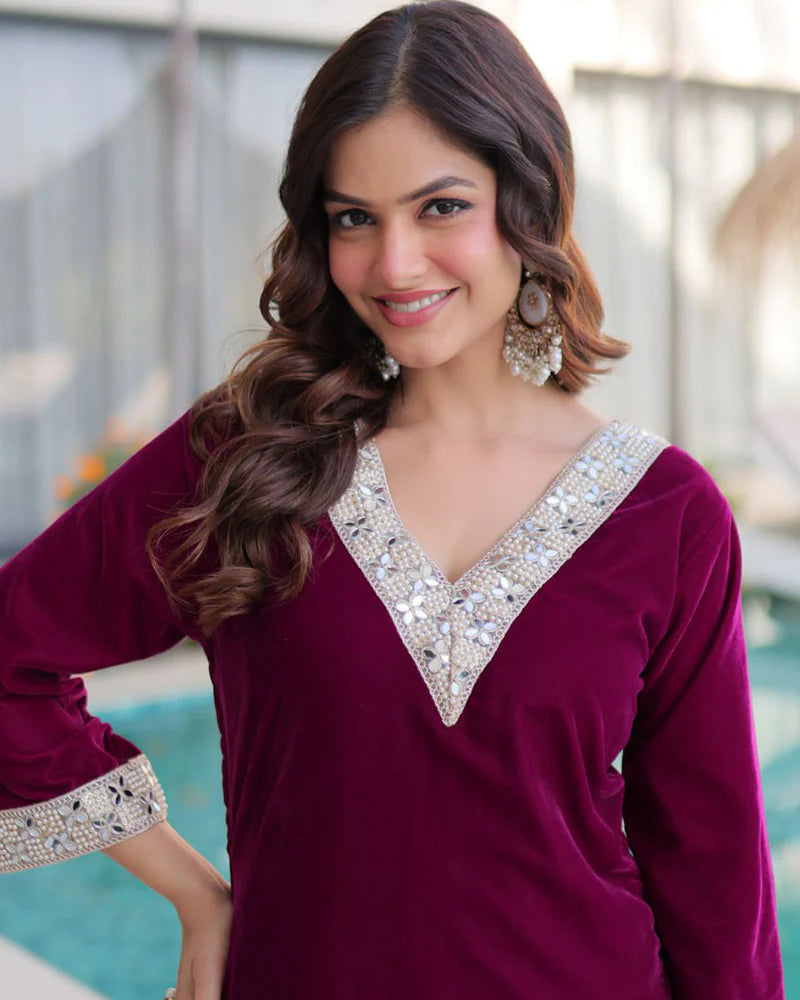 Womenline Wine Color Ice Velvet Embroidered Plazzo Suit