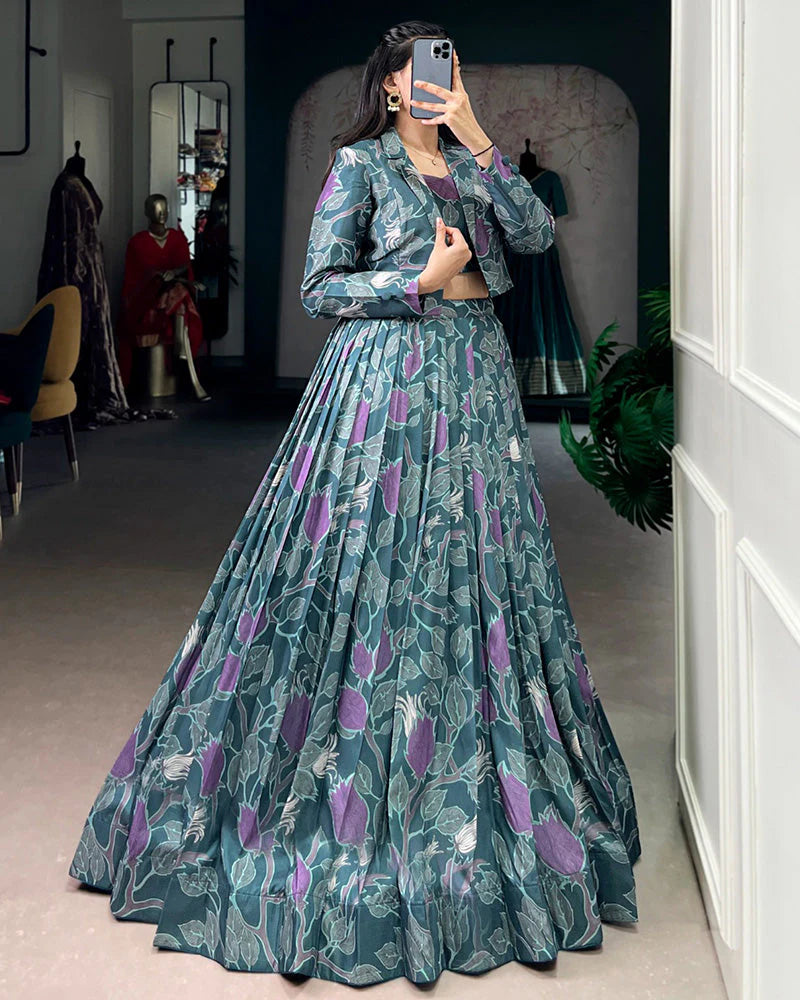 Womenline Teal Blue Color Tasar Silk Printed Lehenga Choli With Koti