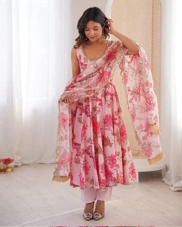 Womenline Baby Pink Color Pure Muslin Cotton Three Piece Anarkali Suit