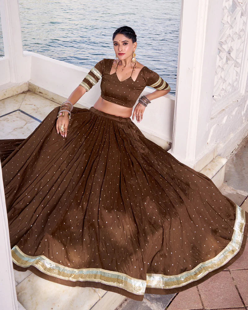 Womenline Classic Brown Color Pure Chanderi Navratri Lehenga Choli