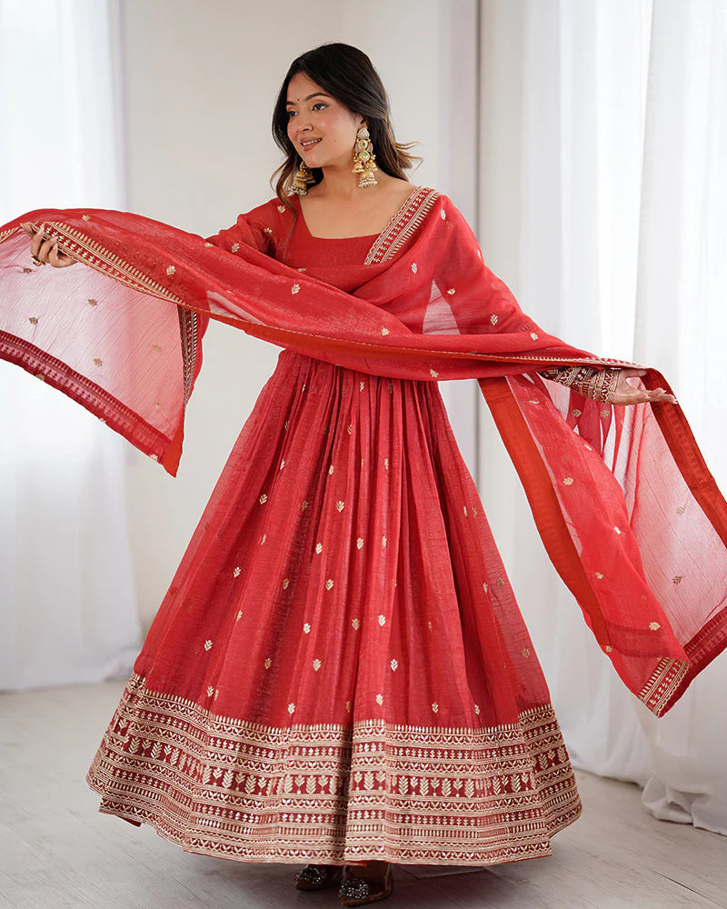 Womenline Rust Color Crunchy Silk Embroidered Gown