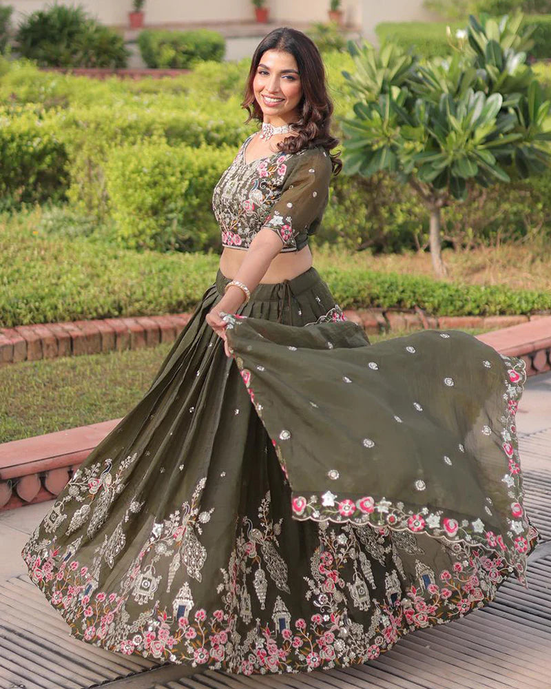 Womenline Mehndi Color Gold Crush Embroidered Lehenga Choli