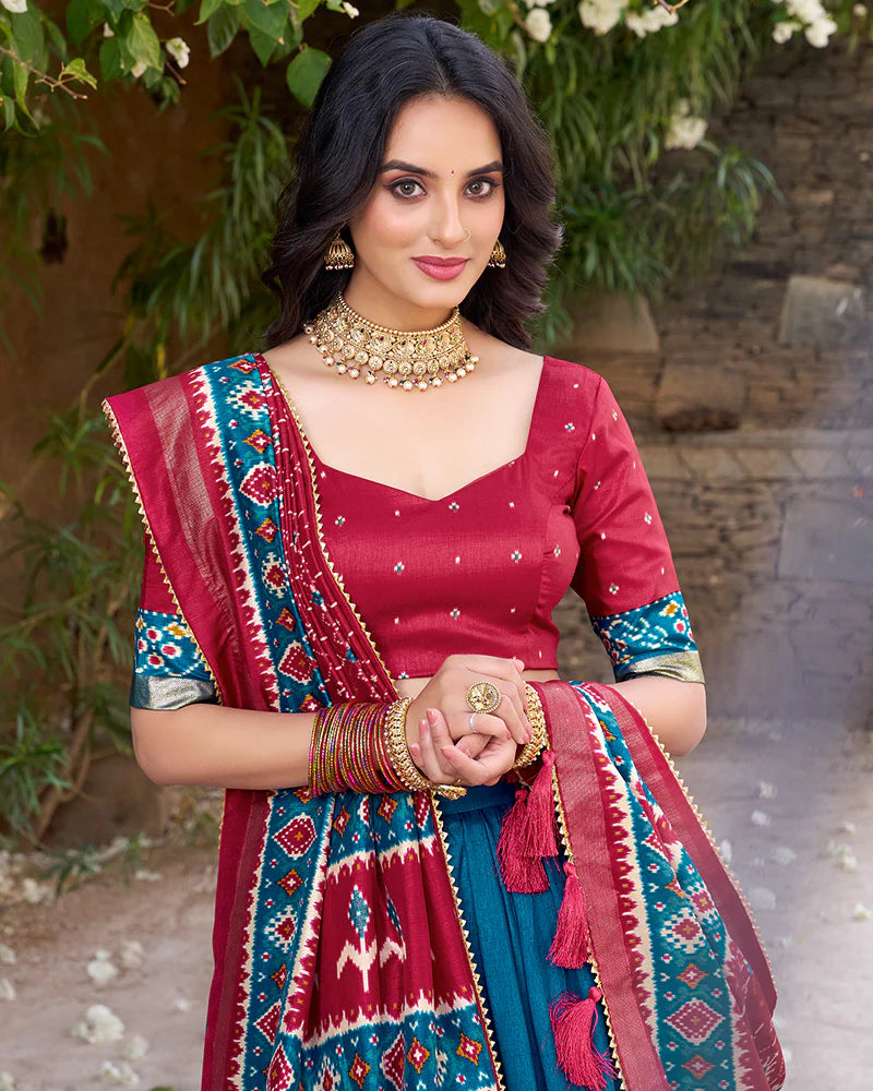 Womenline Designer Patola Printed Teal Green Color Tussar Silk Lehenga Choli