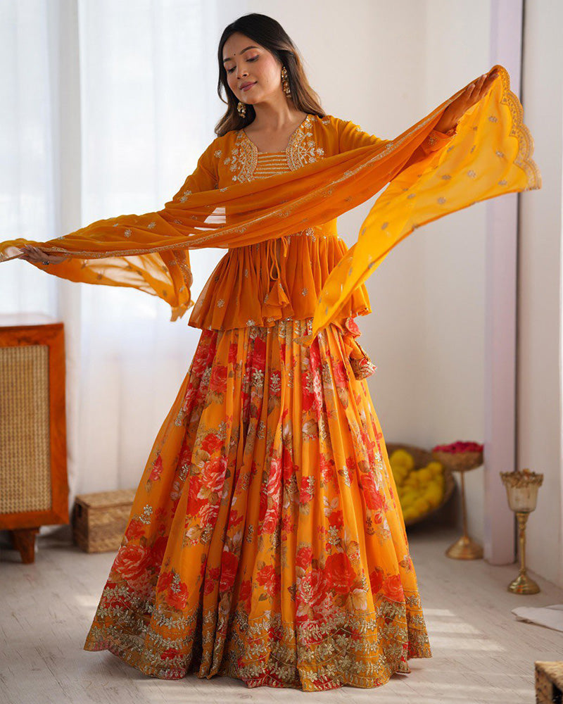 Womenline Mustard Color Georgette Printed And Embroidered Lehenga Choli