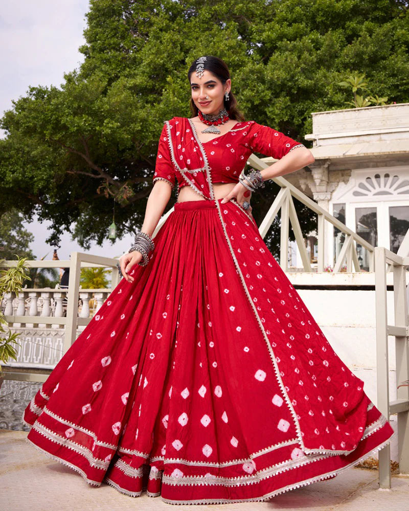 Womenline Red Color Pure Chanderi Plain Navratri Lehenga choli