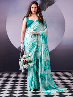 Womenline Stuning Aqua Green Color Floral Satin Silk Saree