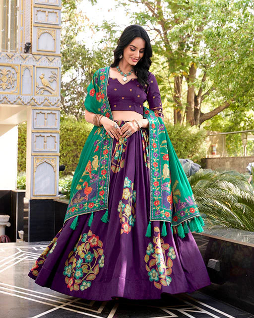 Womenline Purple Color Tussar Silk Printed With Foil Work Lehenga Choli