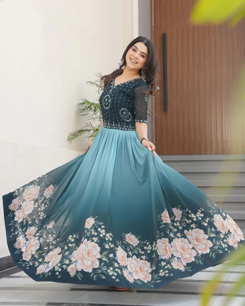 Womenline Rama Color Faux Blooming Embroidered work Gown