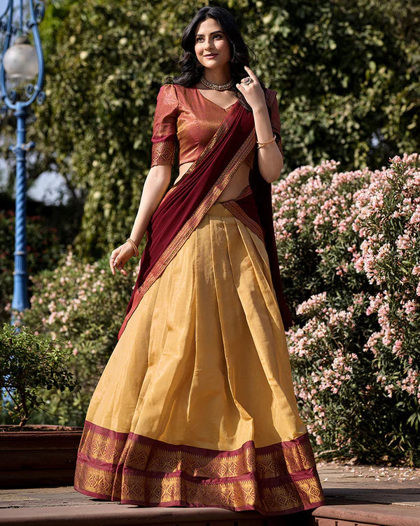 Womenline Cream Color Kanchipuram Silk Designer Half Saree