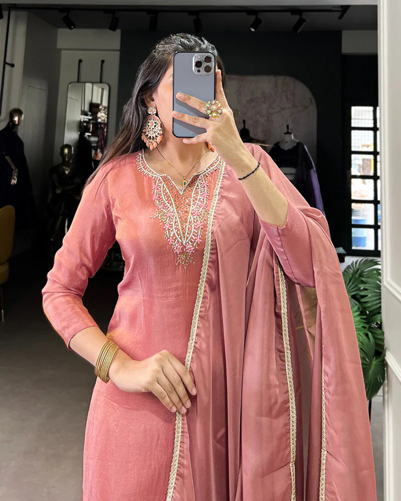 Womenline Peach Color Viscose Tissue Three Piece Kurti Suit