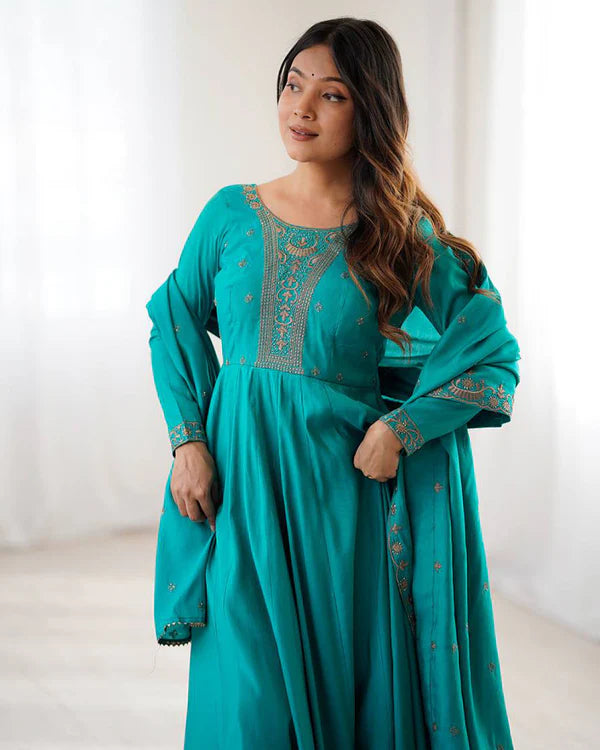 Womenline Rama Color Pure Chanderi Silk Three Piece Anarkali Suit