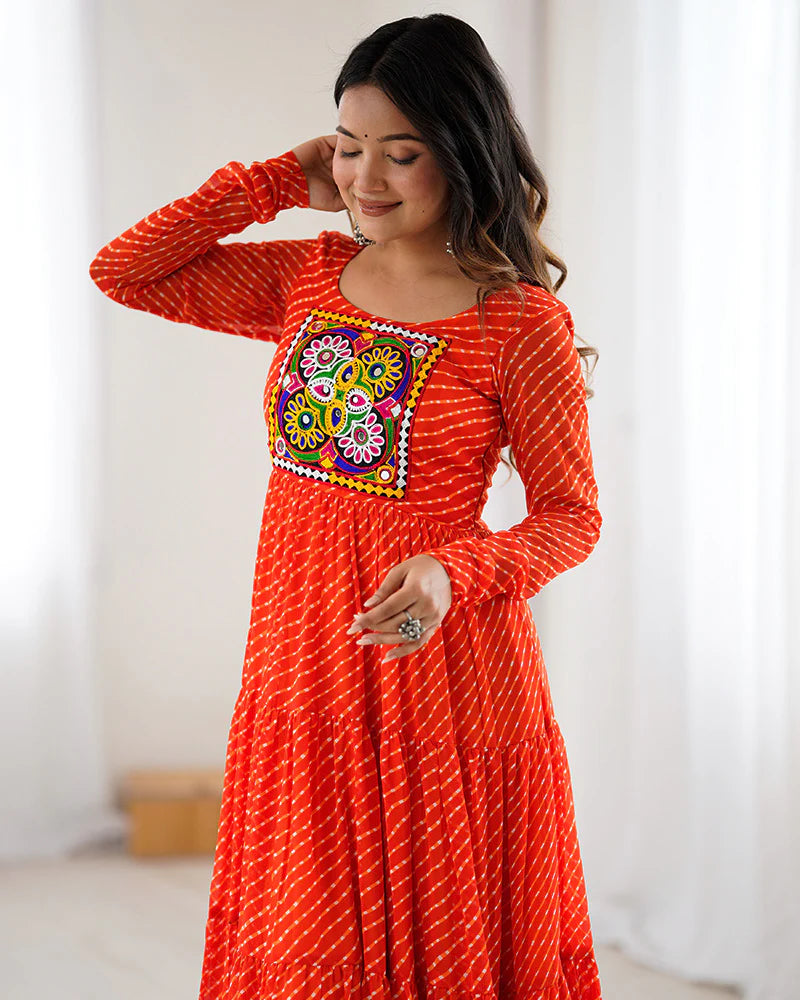 Womenline Orange Color Georgette Laheriya Print Navratri Gown