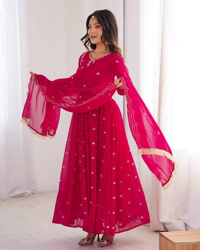 Womenline Rani Pink Color Soft Georgette Embroidered Anarkali Suit